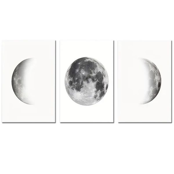 Canvas-Art-3 Pieces Black &amp; White Moon Surfaces Wall Art