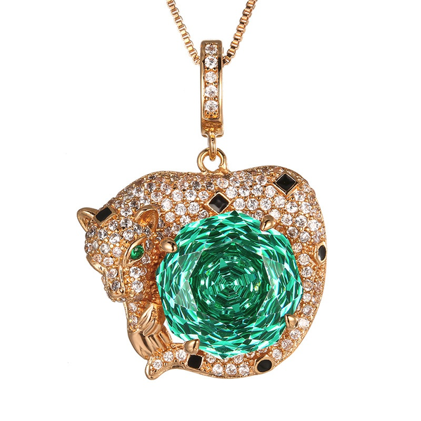 ZELTRYN Vintage Leopard Large Rose Cut Pendant Necklace Emerald