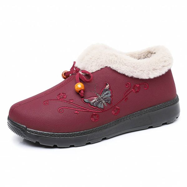 Women Elderly Winter Cotton Shoes Non Slip Soft Sole Embroidery Red