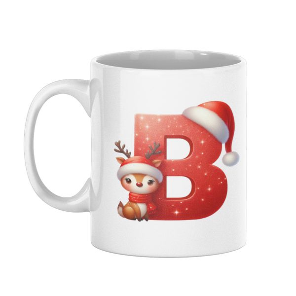 Letter G Personalised Christmas Mug Red Glitter Initial &amp; Adorable Reindeer