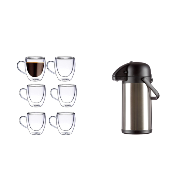3 Litre Flask and Double Wall Glass Mugs Set of 6