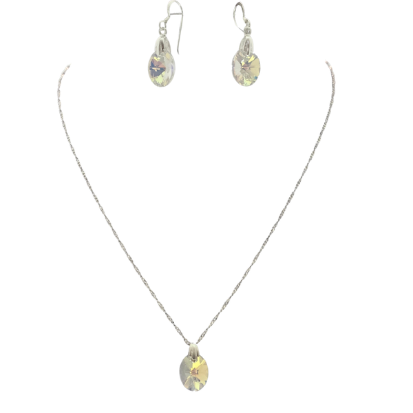 925 Sterling Silver Iridescent Oval Crystal Set - Pendant, Earrings, Chain