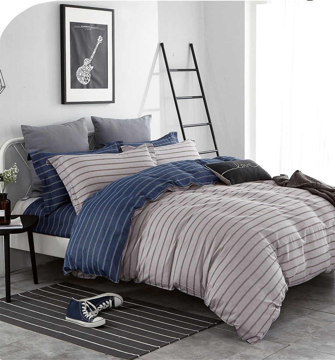 Linen Boutique Duvet Cover Set 100 Cotton 200TC Stripe LinenNavy