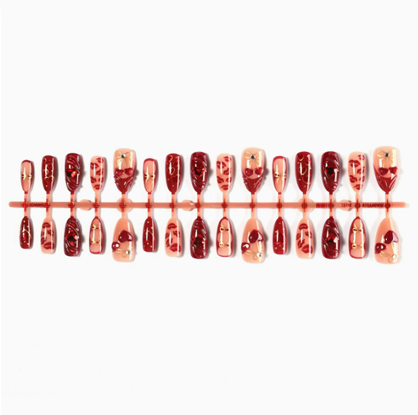 Reusable Handmade Gel Press-On Nails - Red Swirl &amp; Gold Accent Almond