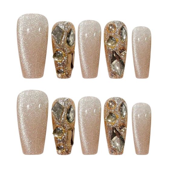 10 Piece - Cat Eye Glitter Rhinestone Handmade Nails - Champagne Colored