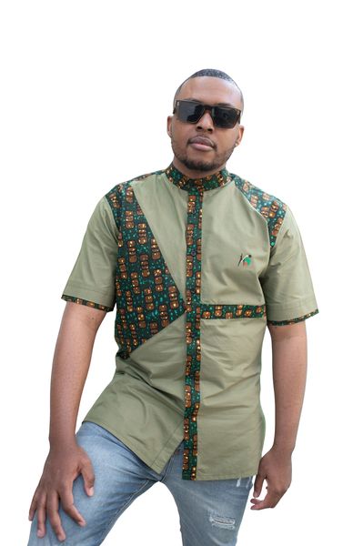 Mo-Afrika Kganya Green Slim Fit African Traditional Smart Shirt