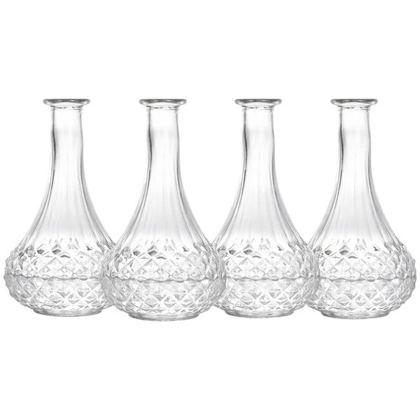 4 Pack - Glass Vase with Teardrop Shape &amp; Diamond Faceted Base - Clear