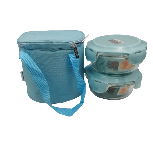 Round Glass Food Container Set (Lockable Lid) with Insulated Lunch Bag