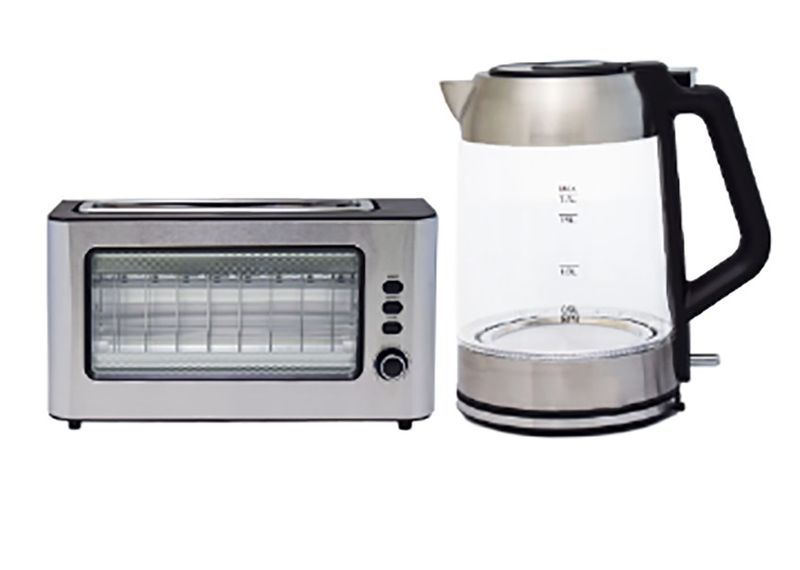 2-Piece Stainless Steel Kettle and Toaster Set -Glass Kettle &amp; Toaster
