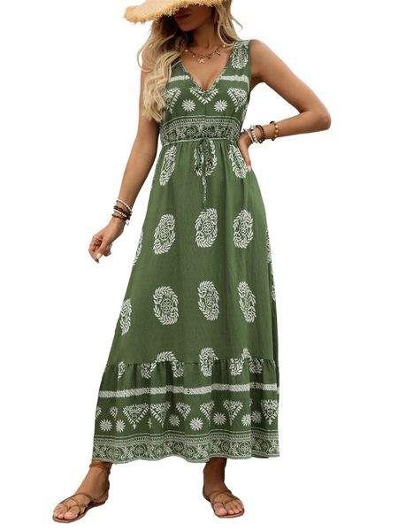 Women's Maxi Dress Summer V Neck Sleeveless Bohemian Beach Casual Travel