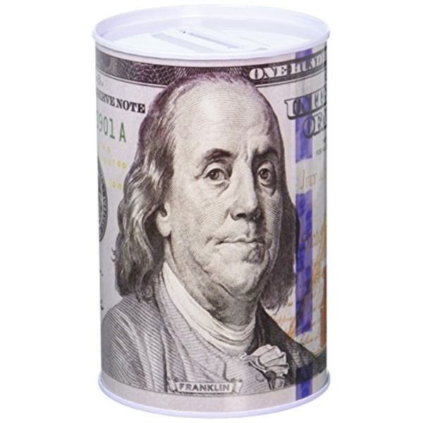 $100 Dollar Bill Piggy Bank Benjamin Franklin C Note Tin Can Banknote Jar