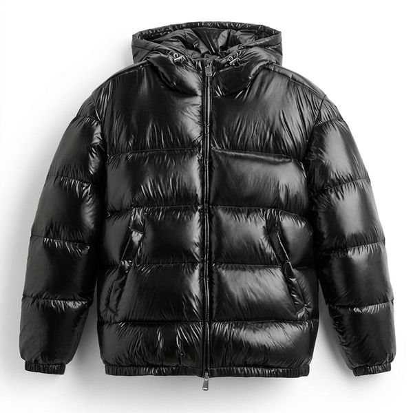 Men's Hooded Puffer Jacket - Warm Glossy Black Winter Coat