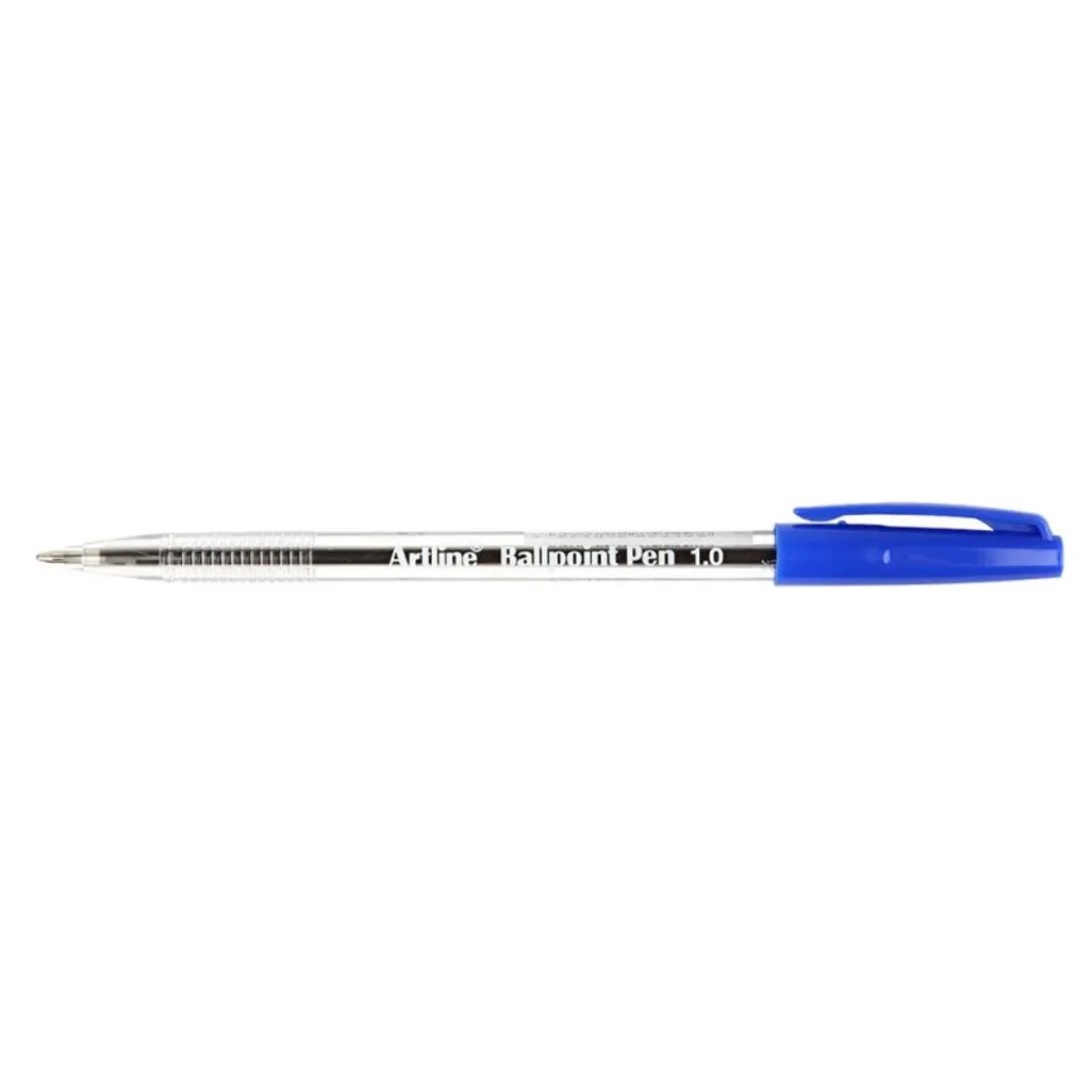 Artline Capped Ballpoint Pen Clear Barrel Standard Dye Ink Blue x12