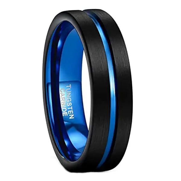 Black Brushed Tungsten Carbide Ring With Blue Centre Groove - 8mm
