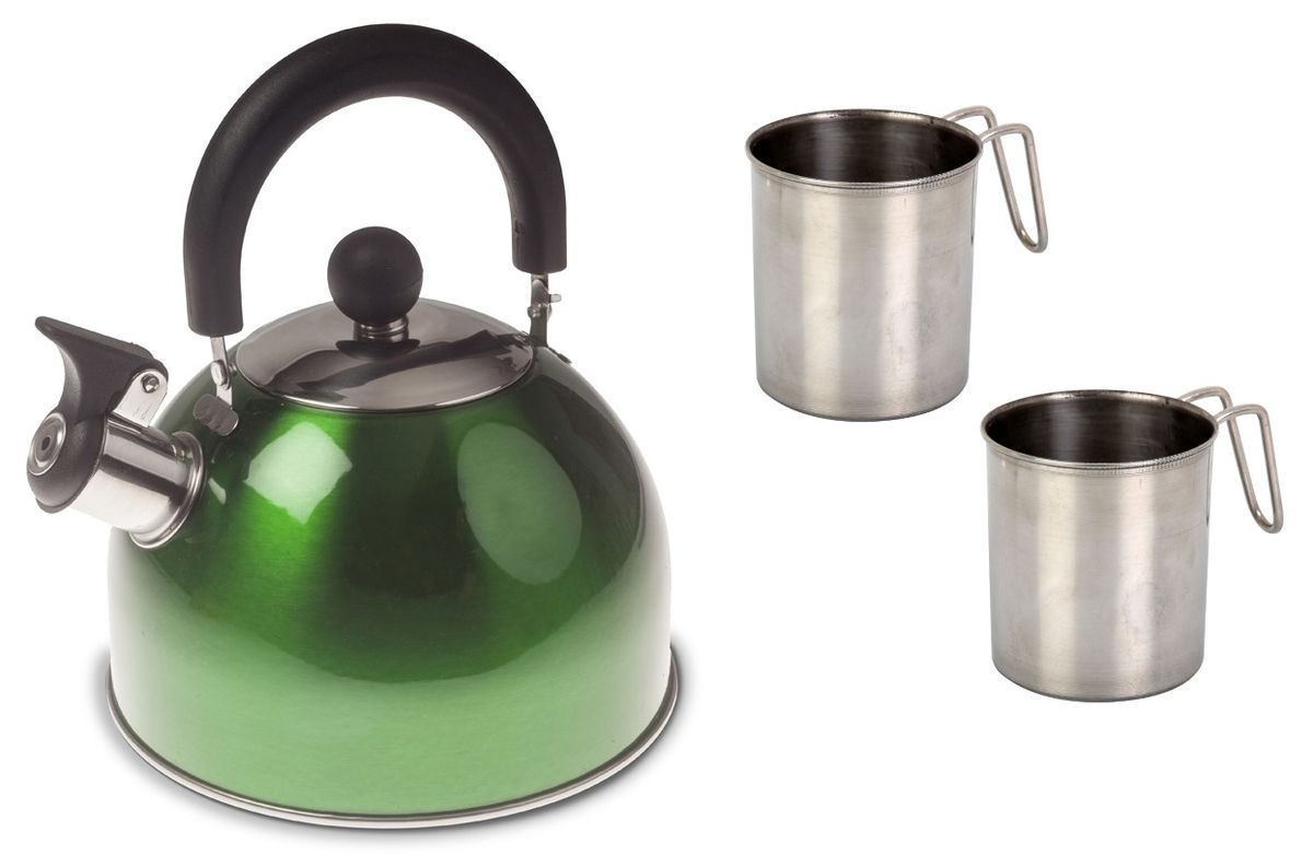 Green Steel Camping Kettle With Whistle 2.0l + Stainless Mug 350ml Wire