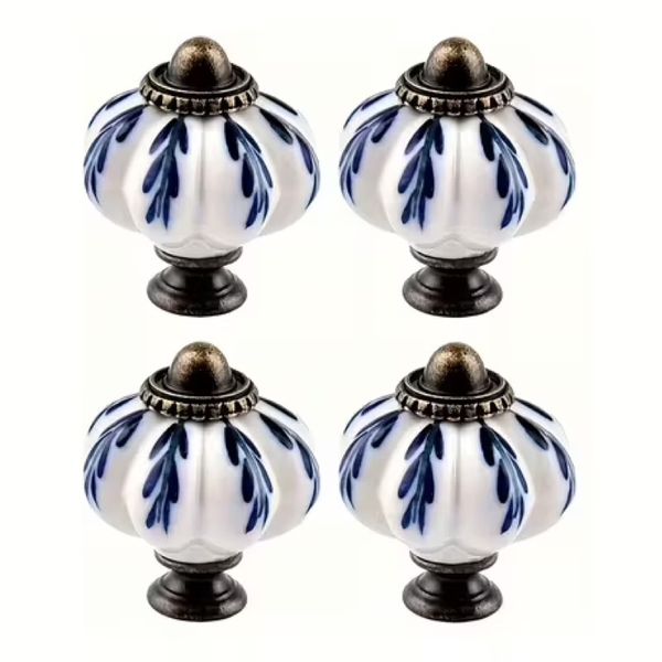 Decor 4 Hand Painted Ceramic Cabinet Doorknobs With Blue Leaf Pattern