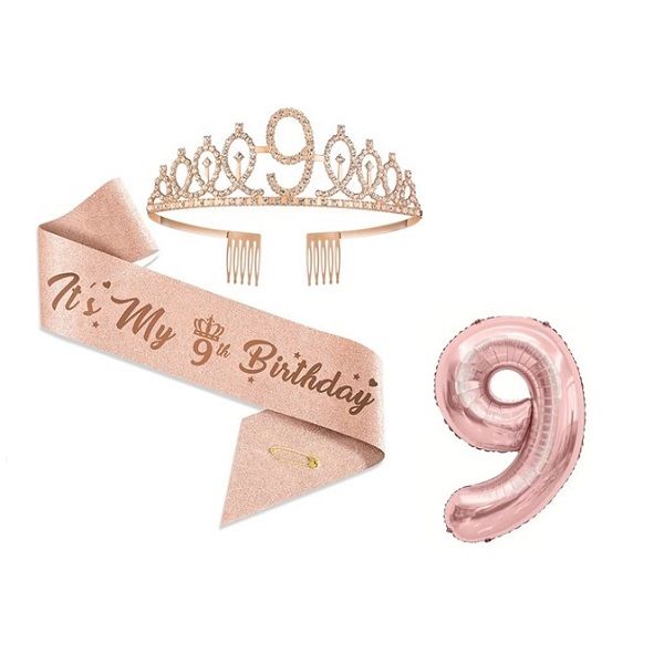 9th Birthday Tiara, Sash and Number Balloon - Rose Gold