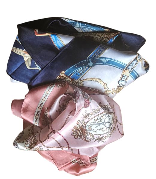 Scarf shiny and silky with designs - 2 pieces Navy blue and light pink