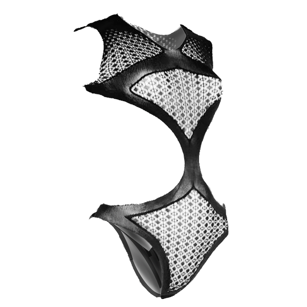 She-Woolf Hosiery, Lily, Black High Neck Cut Away Racer Back Mesh Bodysuit