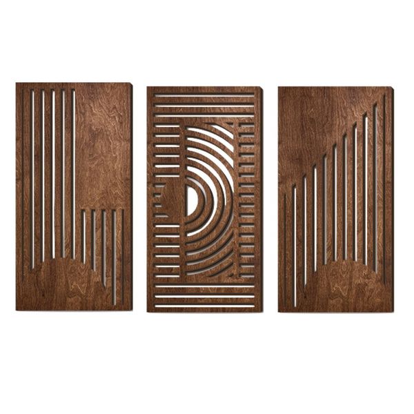 Decor Large Geometric Framed Natural Wood Wall Art 3 Pieces - (40cm) Dark Brown