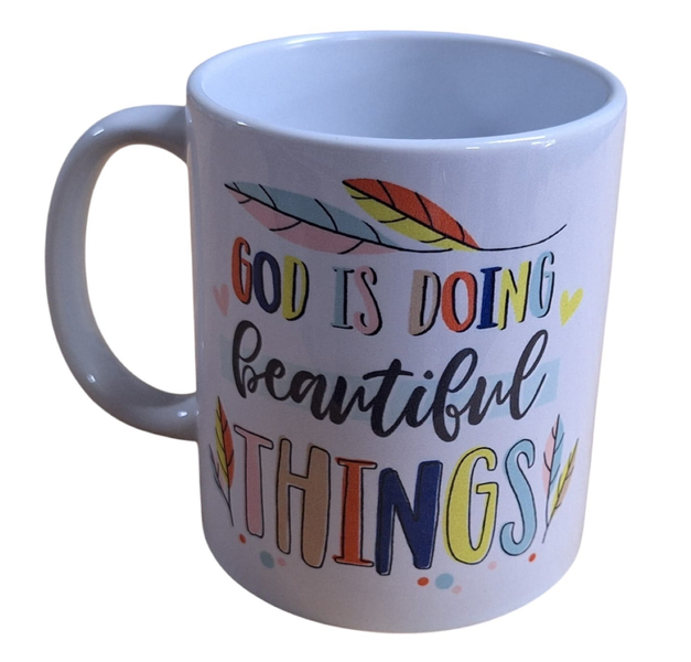 Coffee/Tea Cup - God is doing beautiful Things Written in Colour