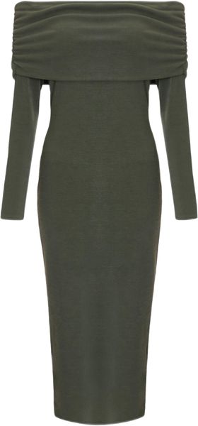 Quiz - Women Khaki Ribbed Bardot Midi Dress
