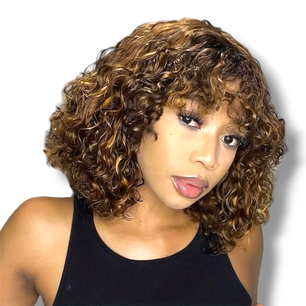Highlight Curly Brazilian Hair Fringe Wig 14 inch