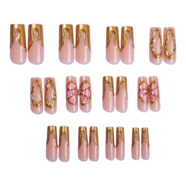 24pcs Extra Long Square Golden French &amp; Pink Flower Press On Nails