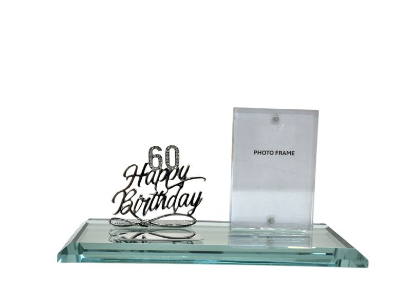 Diamante Silver 60 on Happy Birthday 60th Key On Glass Mirror Base