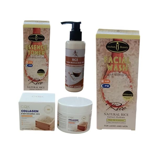 Rice Extract Facial Wash, Facial Toner, Exfoliating Gel, Body Lotion Set