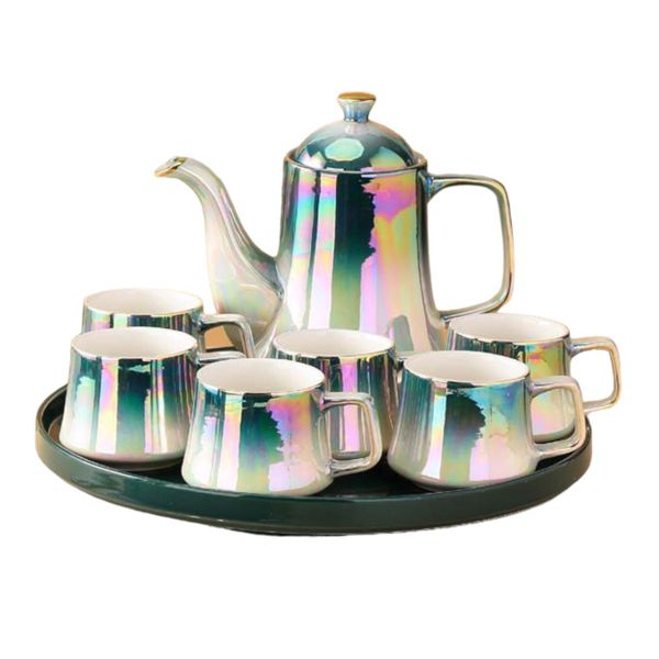 9 Pieces Gold Grim Luxury Style High Tea Teapot &amp; Cup Set - Round Serving Tray