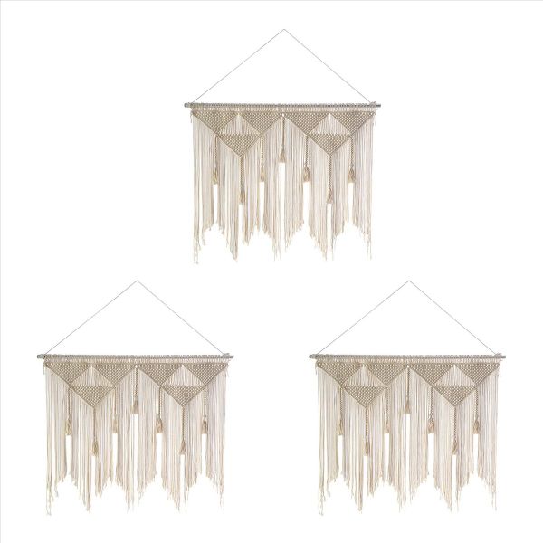 Macrame Wall Hanging Tapestry Beige White (Wood Stick Not Included)