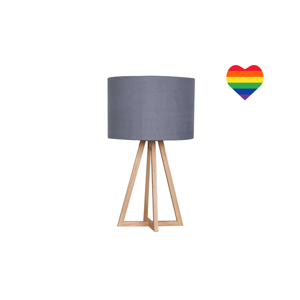 Grey Fabric Shade Table Lamp With a Rainbow Heart Sticker
