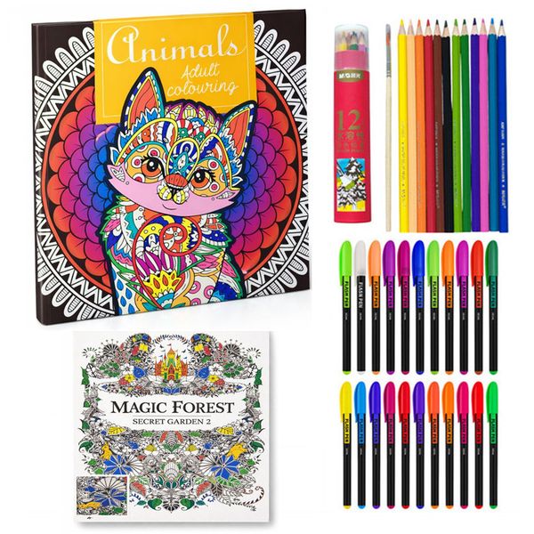 Anti Stress Colouring Book with 24 Neon Color Pens 12 Watercolor Pencils