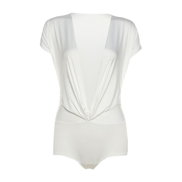 Deep V-bottom Solid Color Slim Fit Waist Bag Hip Short Sleeved Jumpsuit