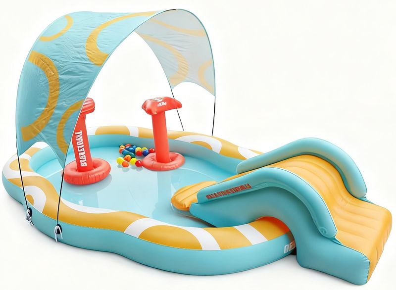 Kids Inflatable Pool with Slide &amp; Canopy, Durable Backyard Play Center Pool