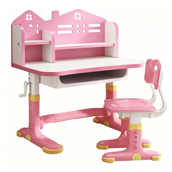 Height Adjustable Children Study Table Chair Set with Bookshelf Drawer