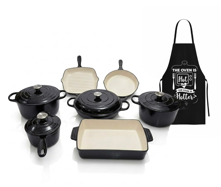 11-Piece Enamel Cast Iron Cookware Set | Casserole &amp; Bakeware with Apron