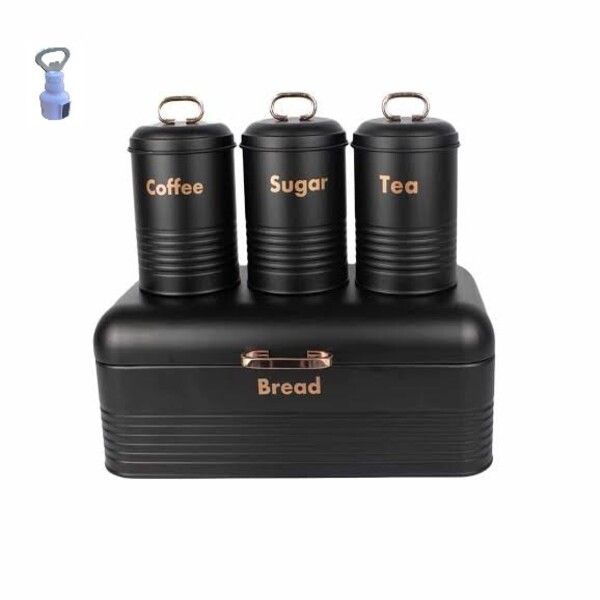 Bread Bin With Tea, Coffee And Sugar Canister Set And Bottle Opener