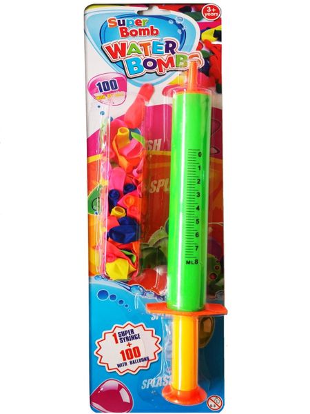 Water Gun Syringe &amp; 100 Water Balloons - Random Colours