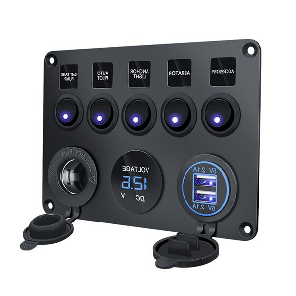 5 Switches Multifunctional 5 Gang Car Charger Panel Dual USB Voltage Gauge