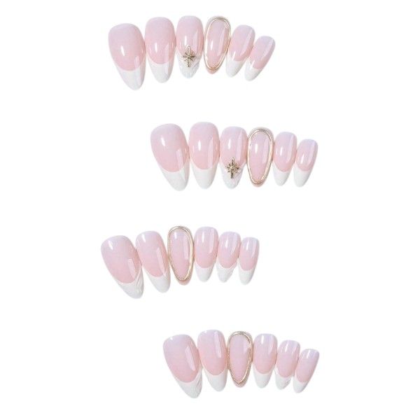 24 Piece Press On Nails With White French Tips &amp; Gold 3D Art - Pink