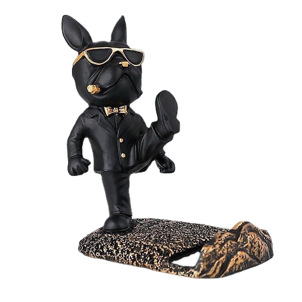Black &amp; Gold Standing Bulldog Phone Stand: Cute Desktop Decor