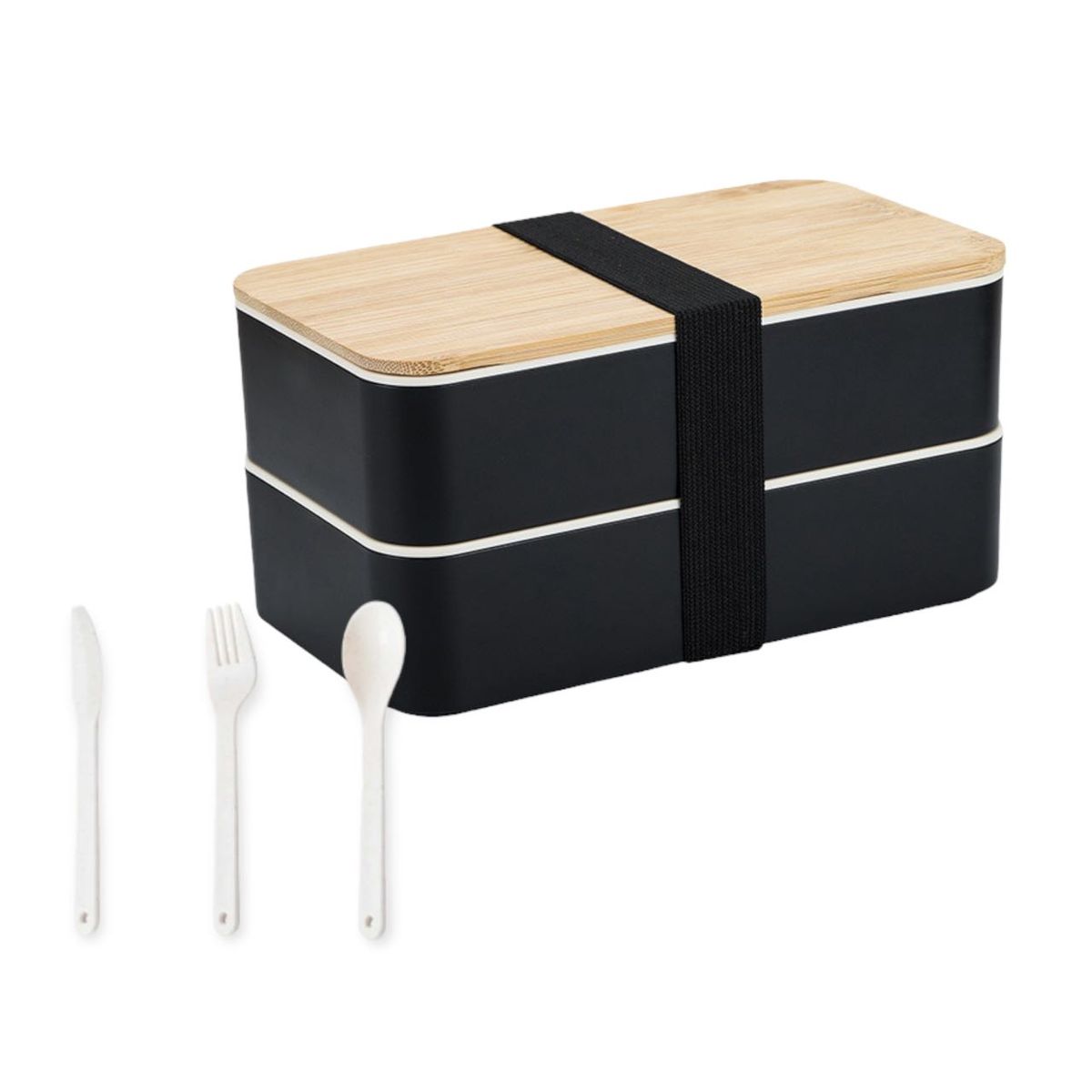 Double-layered Bamboo Lid Lunch Box Bento Box with Cutlery - 1600ml ...