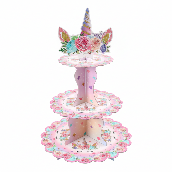 3-Tier Unicorn Theme Floral Designed Birthday Cupcake Stand - Pink