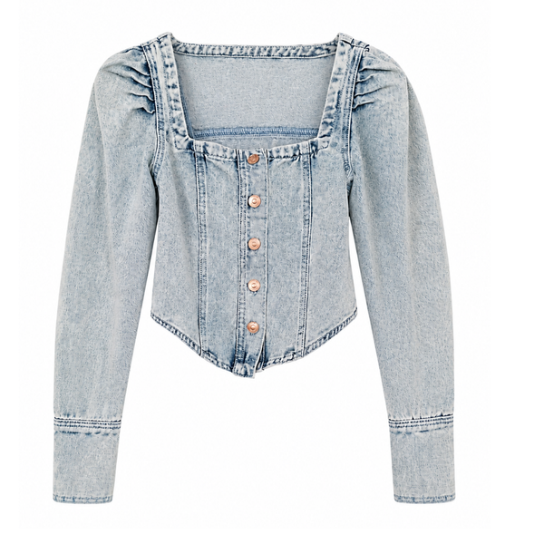Women's Light Wash Denim Corset Crop Top with Long Sleeves