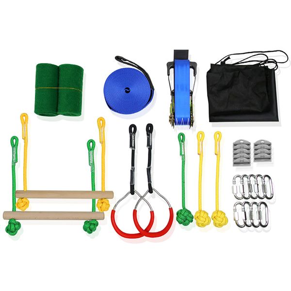 Kids Obstacle Course Slackline Kit,Climbing Net Rope Ladder Monkey Bars
