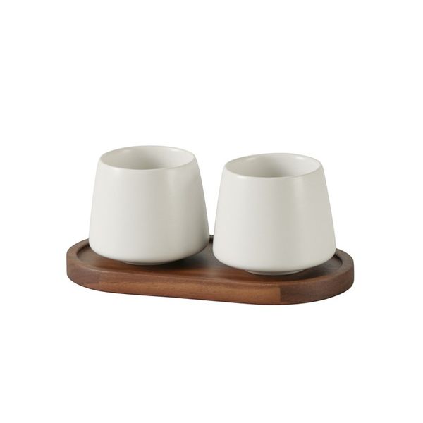 2 Piece Ceramic Mouthwash Cup Set with Wooden Tray - Green