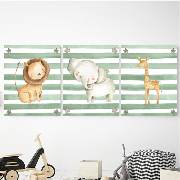 Safari Animals Green Stripe - A2 - Canvas (3.5cm ) -Set Of 3