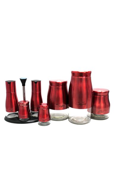 Dream World 8 Piece Glass Canister Storage, Spice Jar &amp; Shaker Set - Red